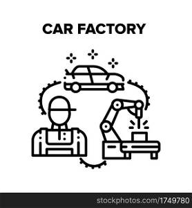 Car Factory Vector Icon Concept. Car Factory Robotic Arm for Manufacturing And Building Equipment, Plant Worker Engineer And Electronic Construction Tool. Production Line Machine Black Illustration. Car Factory Vector Black Illustrations