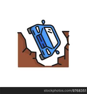 Car fall from cliff or mountain color isolated line icon. Dangerous landslide and ditch vehicle, failure on road, auto fall down from slope. Car fall from cliff or mountain color line icon