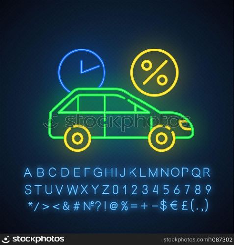 Car finance neon light icon. Take credit to buy auto. Loan money for purchasing vehicle. Buying means of transportation. Glowing sign with alphabet, numbers and symbols. Vector isolated illustration