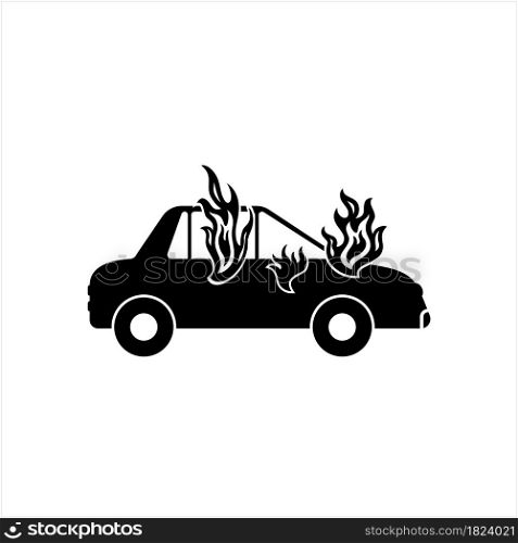 Car Fire, Burning Car Automobile Icon Vector Art Illustration