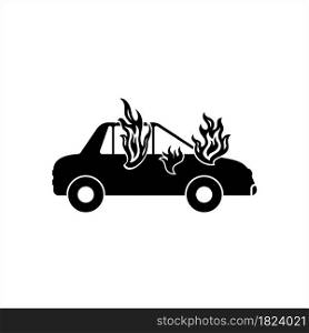 Car Fire, Burning Car Automobile Icon Vector Art Illustration
