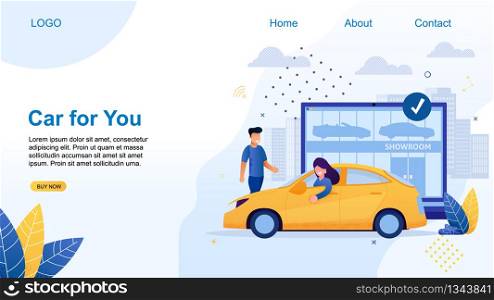 Car for You Flat Cartoon Banner Vector Illustration. Woman Driving Rented or New Car from Showroom. Shop with Modern Vehicles on Background. Character Looking out Transport. Man Going Towards.