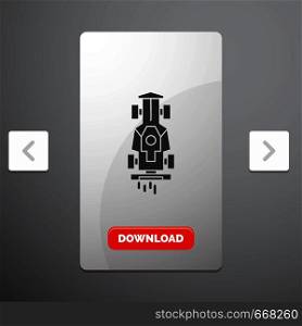 Car, formula, game, racing, speed Glyph Icon in Carousal Pagination Slider Design & Red Download Button. Vector EPS10 Abstract Template background