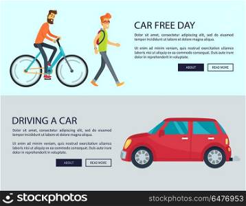 Car Free Day and Driving Car Vector Illustration. Car Free Day and driving cars disadvantages web page design. Vector illustration contains auto, pedestrian with backpack and man riding bicycle