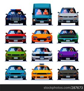 Car front view. Auto automotive people man woman child family urban drivers traffic vehicles driving cars set flat vector set. Car front view. Auto automotive people man woman child family urban drivers traffic vehicles driving cars set flat set