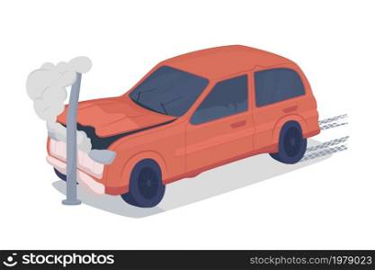 Car frontal collision against pole semi flat color vector object. Full sized item on white. Automobile accident isolated modern cartoon style illustration for graphic design and animation. Car frontal collision against pole semi flat color vector object