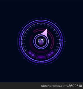Car futuristic speedometer gauge dial. Automobile tachometer led vector circle display with Mph data and engine service icons. Future vehicle odometer screen or car dashboard power control counter. Car or motorbike futuristic speedometer gauge dial