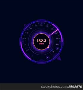 Car futuristic speedometer gauge dial. Motorcycle speedometer display or automobile odometer neon vector scale or violet color digital interface. Vehicle speed meter counter with MPH data and arrow. Car futuristic speedometer neon gauge dial