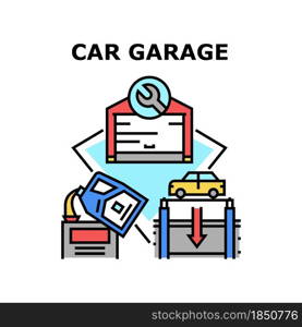 Car Garage Building Vector Icon Concept. Car Garage Building For Storage Automobile, Checking And Fixing Transport, Check And Filling Engine With Oil. Vehicle Maintenance Workshop Color Illustration. Car Garage Building Concept Color Illustration