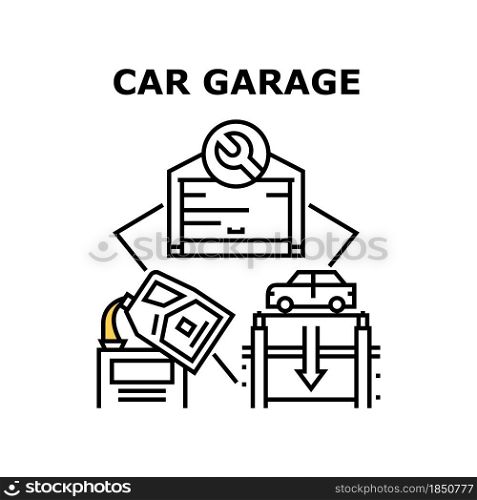 Car Garage Building Vector Icon Concept. Car Garage Building For Storage Automobile, Checking And Fixing Transport, Check And Filling Engine With Oil. Vehicle Maintenance Workshop Black Illustration. Car Garage Building Concept Black Illustration