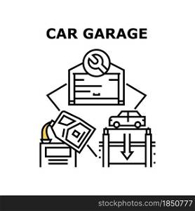 Car Garage Building Vector Icon Concept. Car Garage Building For Storage Automobile, Checking And Fixing Transport, Check And Filling Engine With Oil. Vehicle Maintenance Workshop Black Illustration. Car Garage Building Concept Black Illustration