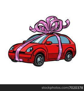 car gift, transport tied with festive ribbons. Isolate on white background. Pop art retro vector illustration drawing kitsch vintage. car gift, transport tied with festive ribbons. Isolate on white background