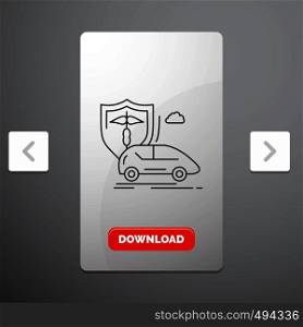 car, hand, insurance, transport, safety Line Icon in Carousal Pagination Slider Design & Red Download Button. Vector EPS10 Abstract Template background