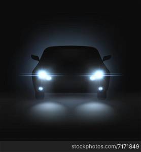 Car headlights. Realistic car with bright headlights in dark, rays light and white blur shadows, night front automobile silhouette vector mockup with blinking spotlight. Car headlights. Realistic car with bright headlights in dark, rays light and white blur shadows, night automobile silhouette vector mockup