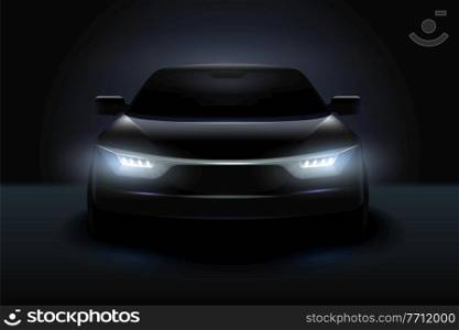 Car headlights realistic composition stylish black car with headlights shining in the dark vector illustration. Car Headlights Realistic Composition