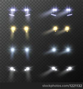 Car headlights. Realistic round bright cars headlight, light flares and blur shadows effect, automobile glow beams in night darkness vector set. Car headlights. Realistic round bright cars headlight, light flares and blur shadows effect, automobile glow beams in night vector set