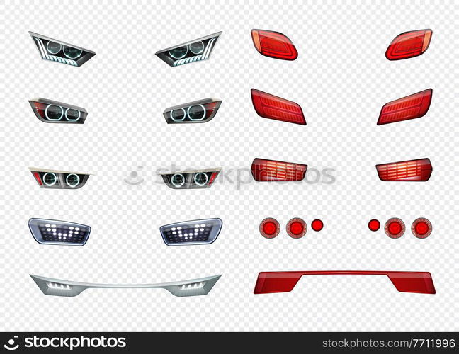 Car headlights realistic transparent icon set different type style and color of headlights vector illustration. Car Headlights Realistic Transparent Icon Set