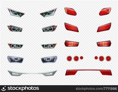 Car headlights realistic transparent icon set different type style and color of headlights vector illustration. Car Headlights Realistic Transparent Icon Set