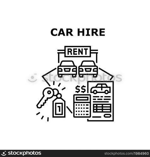 Car Hire Service Vector Icon Concept. Car Hire Service For Renting Automobile, Agreement And Financial Document With Calculator For Counting Income. Client Driving Transport Black Illustration. Car Hire Service Vector Concept Black Illustration