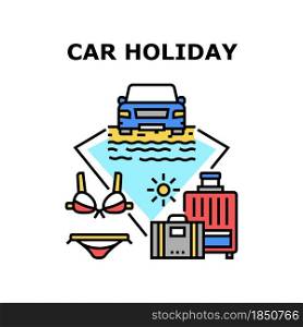 Car Holiday Vector Icon Concept. Car Holiday Trip And Adventure With Baggage Luggage, Automobile Standing On Sandy Beach For Swimming In Bikini Swimsuit. Summer Vacation Travel Color Illustration. Car Holiday Vector Concept Color Illustration