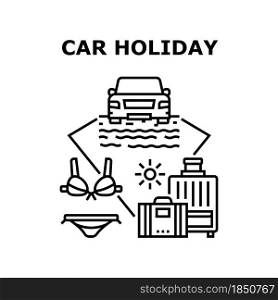Car Holiday Vector Icon Concept. Car Holiday Trip And Adventure With Baggage Luggage, Automobile Standing On Sandy Beach For Swimming In Bikini Swimsuit. Summer Vacation Travel Black Illustration. Car Holiday Vector Concept Black Illustration