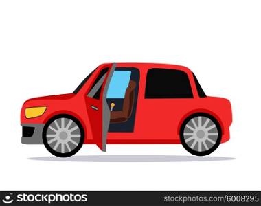 Car Icon Flat. Car icon. Car icon object. Car logo. Car Icon giraphic. Red car. Auto car flat style. Car with shadow. Car on white background. Concept car. New car. Vector logo car. Buy car. Rent car. Car open door