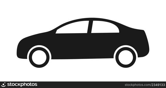 Car icon. Sedan automobile silhouette. Black pictogram symbol of auto. Simple modern icon isolated on white background. Vehicle flat illustration. Vector.