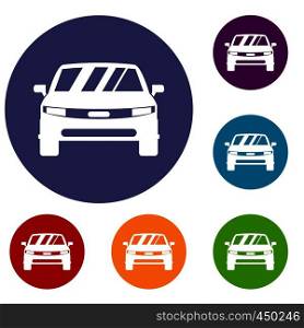 Car icons set in flat circle reb, blue and green color for web. Car icons set