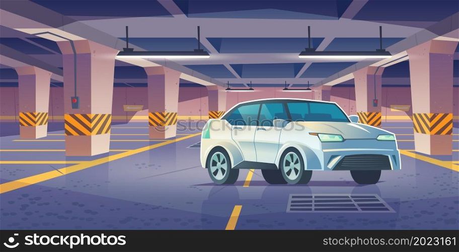 Car in underground parking, garage with vehicle and vacant places. Infrastructure area for transport in building basement with columns and guiding arrows show way to exit, Cartoon vector illustration. Underground car parking, garage with vehicle.