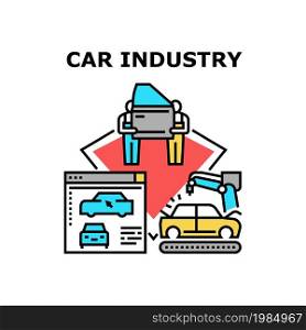 Car Industry Vector Icon Concept. Car Industry Technology And Factory, Automobile Digital Engineering And Assembly Conveyor. Mechanic Assembling Auto Transport Body Color Illustration. Car Industry Vector Concept Color Illustration