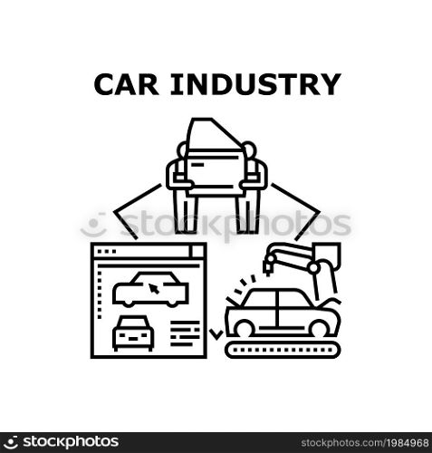 Car Industry Vector Icon Concept. Car Industry Technology And Factory, Automobile Digital Engineering And Assembly Conveyor. Mechanic Assembling Auto Transport Body Black Illustration. Car Industry Vector Concept Black Illustration