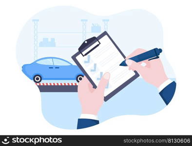 Car Inspection of The Station Detects Faults, Draws up a Checklist of All Breakdowns, Repair and Analysis Transport in Flat Cartoon Illustration