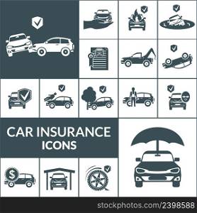 Car insurance and transportation accidents icons black set isolated vector illustration. Car Insurance Icons Black