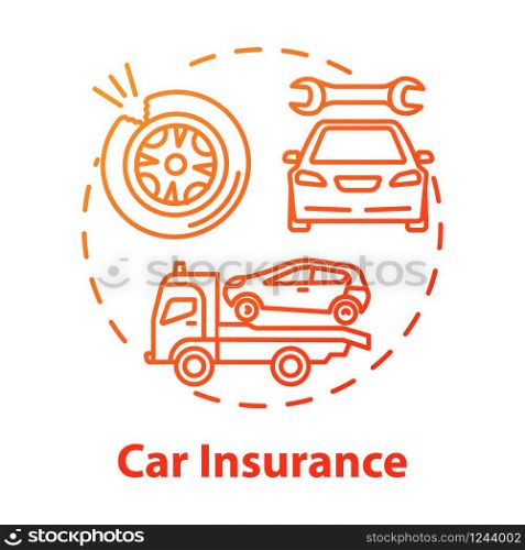 Car insurance concept icon. Estate protection. Auto wreck. Collision damage. Accident coverage. Personal property fix idea thin line illustration. Vector isolated outline RGB color drawing