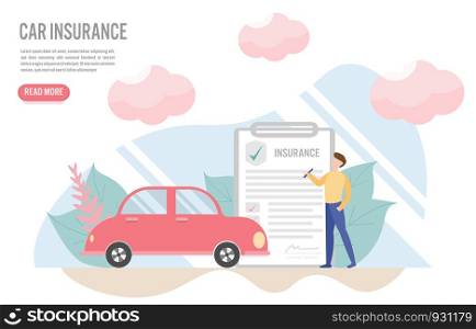 Car insurance concept with character.Creative flat design for web banner