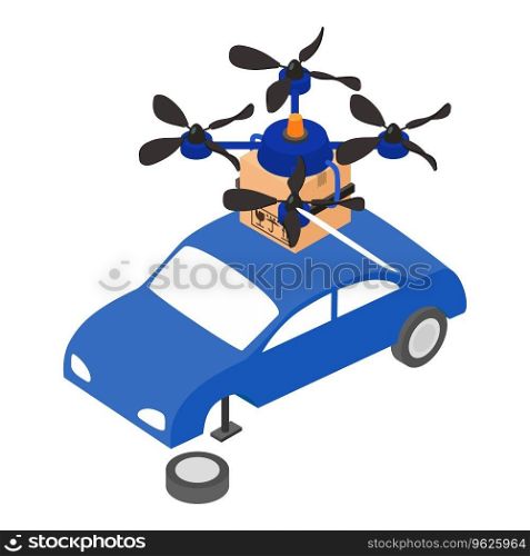 Car insurance icon isometric vector. Quadcopter drone with parcel and repair car. Motor vehicle insurance. Car insurance icon isometric vector. Quadcopter drone with parcel and repair car