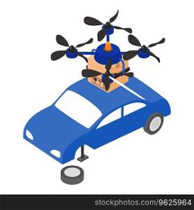 Car insurance icon isometric vector. Quadcopter drone with parcel and repair car. Motor vehicle insurance. Car insurance icon isometric vector. Quadcopter drone with parcel and repair car