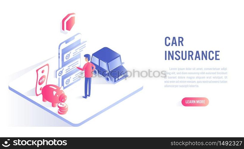Car insurance online concept. A man choosing insurance plan on mobile app. Isometric flat vector design.