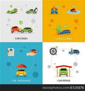Car Insurance Set. Car insurance design concept set with crash and repair flat icons isolated vector illustration