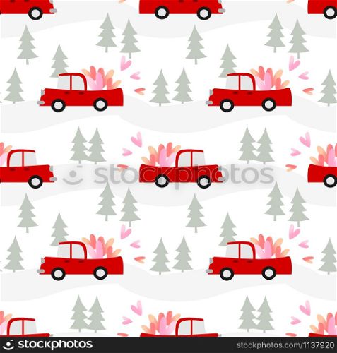 Car is carrying hearts on Valentine&rsquo;s day seamless pattern.
