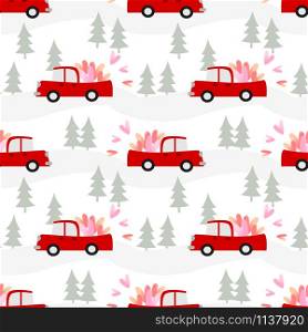 Car is carrying hearts on Valentine&rsquo;s day seamless pattern.