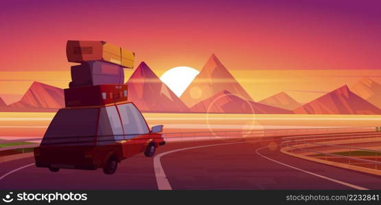 Car journey, summer travel, road trip at scenery sunset landscape with mountains and water bay. Automobile with bags on roof going at overpass highway for vacation holidays Cartoon vector illustration. Car journey, summer travel, road trip at sunset