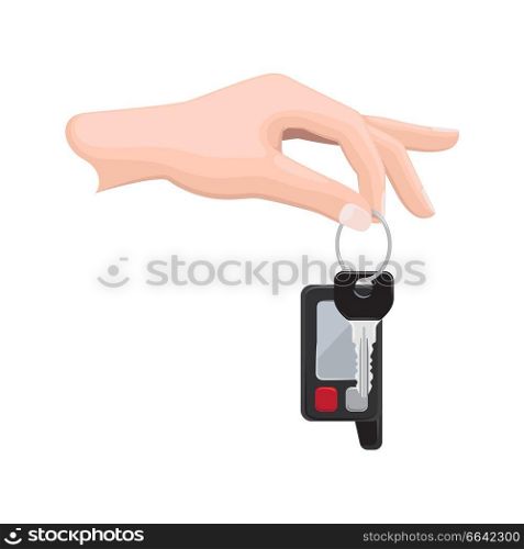 Car key hanging on keyring in human hand flat vector isolated on white background. Man hand holding modern vehicle key with remote alarm illustration for buying new auto or secure access concept