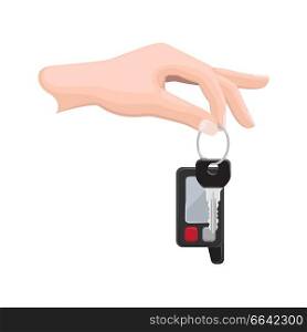 Car key hanging on keyring in human hand flat vector isolated on white background. Man hand holding modern vehicle key with remote alarm illustration for buying new auto or secure access concept