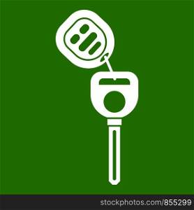 Car key with remote control icon white isolated on green background. Vector illustration. Car key with remote control icon green