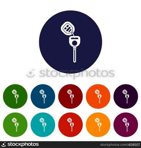 Car key with remote control set icons in different colors isolated on white background. Car key with remote control set icons