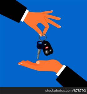 Car keys with men hands flat vector illustration. Hand holding cars key for sale or rental designs. Car keys with men hands