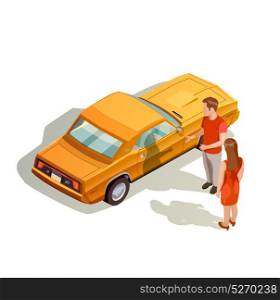 Car Kit Isometric Composition. Car kit isometric images composition with male and female characters near realistic orange automobile with shadows vector illustration