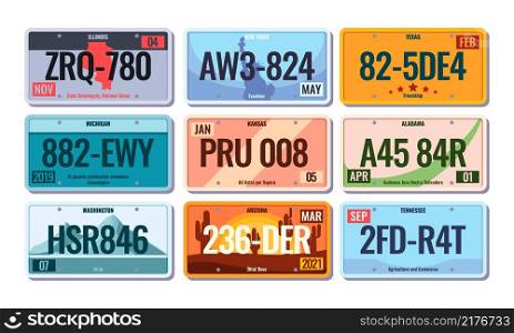 Car license numbers. Steel plates with numbers for vehicles america colorado texas nebraska garish vector templates. Illustration registration car license, auto plate number. Car license numbers. Steel plates with numbers for vehicles america colorado texas nebraska garish vector templates