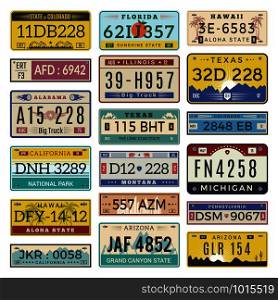 Car license plates. Automobile registration numbers vector template letters. Illustration of auto plate number, registration transport. Car license plates. Automobile registration numbers vector template letters